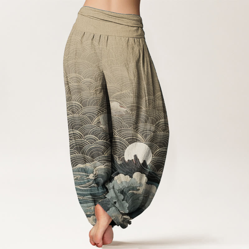 Pantalones Buddha Stones de algodón puro con estampado de ondas, luna y montaña para mujer, cintura elástica - image 9