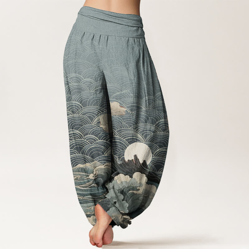Pantalones Buddha Stones de algodón puro con estampado de ondas, luna y montaña para mujer, cintura elástica - image 6