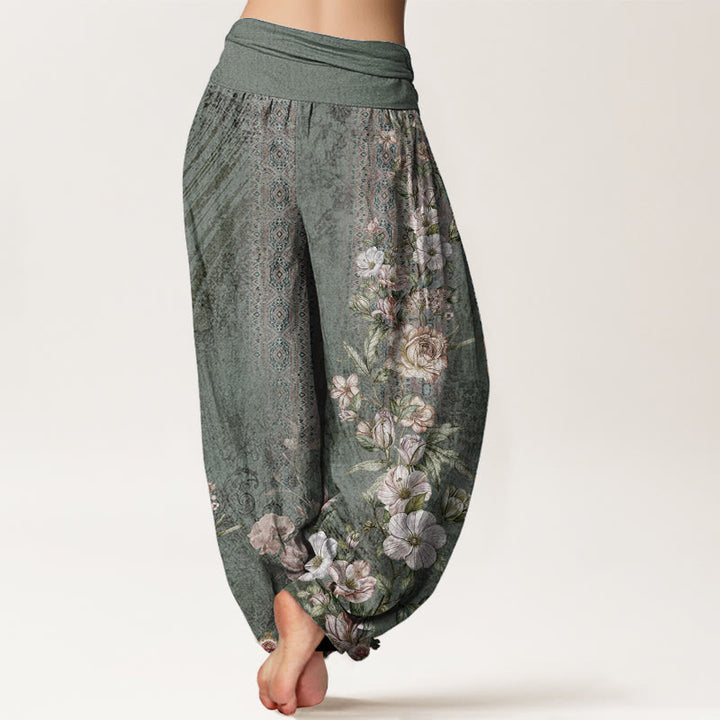 Pantalones Buddha Stones de algodón puro con estampado floral étnico y tótem étnico para mujer, cintura elástica