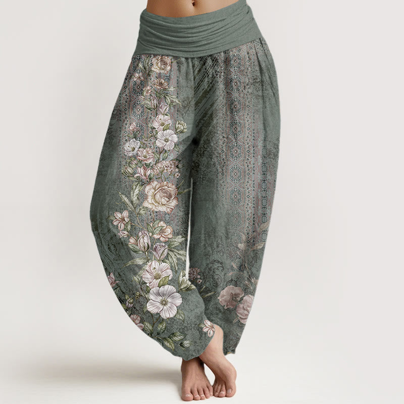 Pantalones Buddha Stones de algodón puro con estampado floral étnico y tótem étnico para mujer, cintura elástica - Verde mar medio - US22，UK/AU26，EU54 (6XL) - image 0