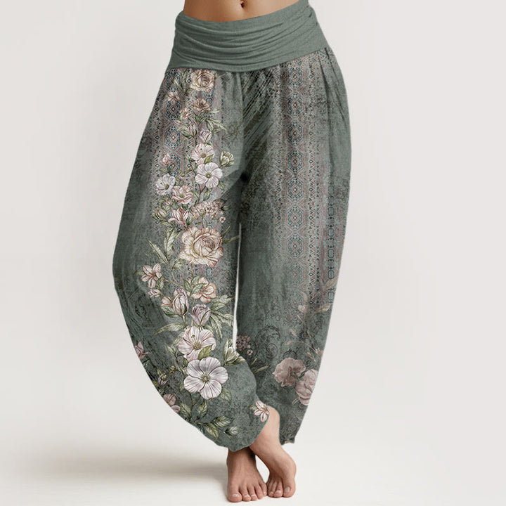 Pantalones Buddha Stones de algodón puro con estampado floral étnico y tótem étnico para mujer, cintura elástica - Verde mar medio - US22，UK/AU26，EU54 (6XL) - image 0