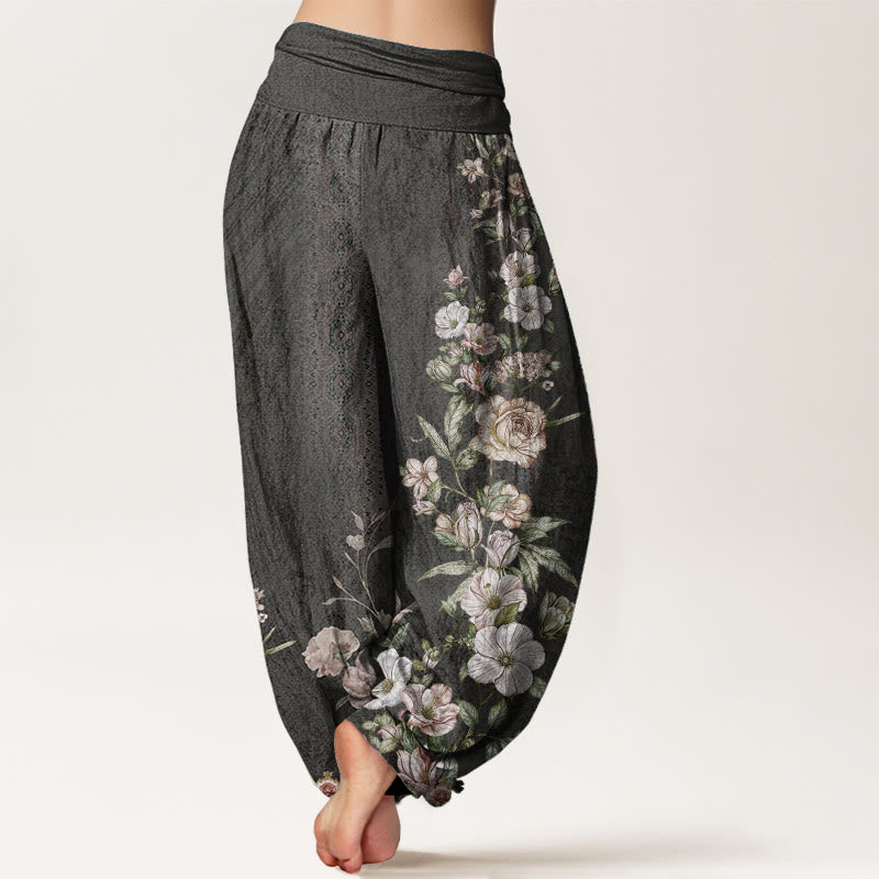 Pantalones Buddha Stones de algodón puro con estampado floral étnico y tótem étnico para mujer, cintura elástica
