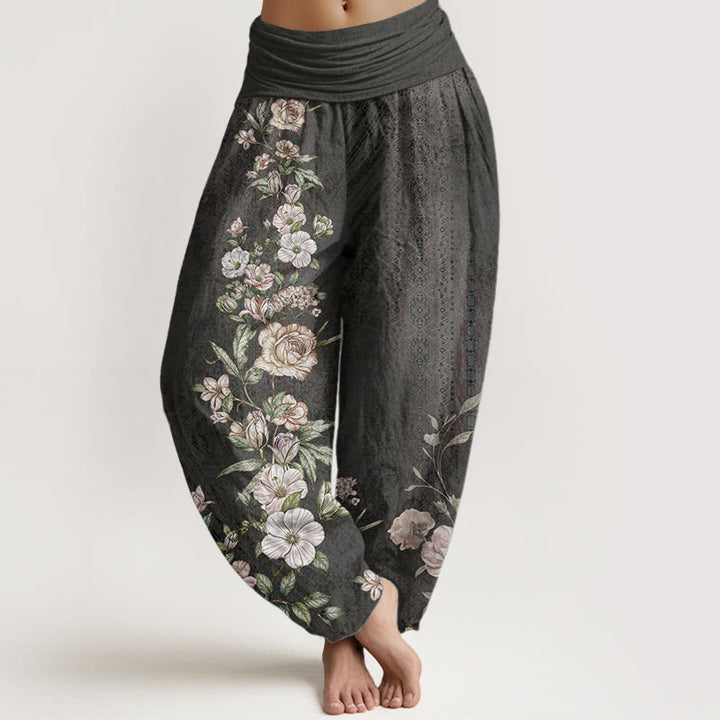Pantalones Buddha Stones de algodón puro con estampado floral étnico y tótem étnico para mujer, cintura elástica