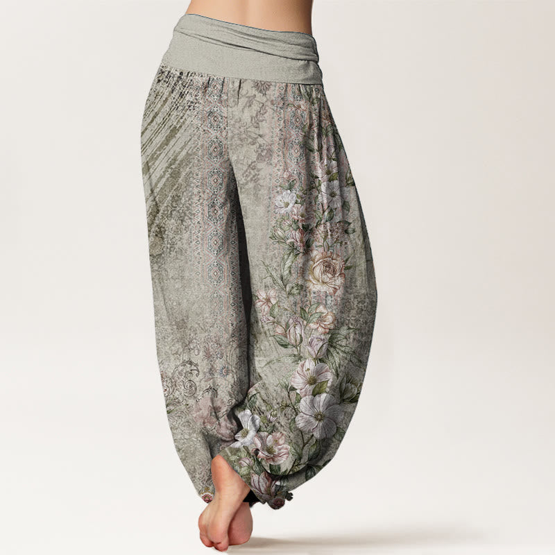 Pantalones Buddha Stones de algodón puro con estampado floral étnico y tótem étnico para mujer, cintura elástica