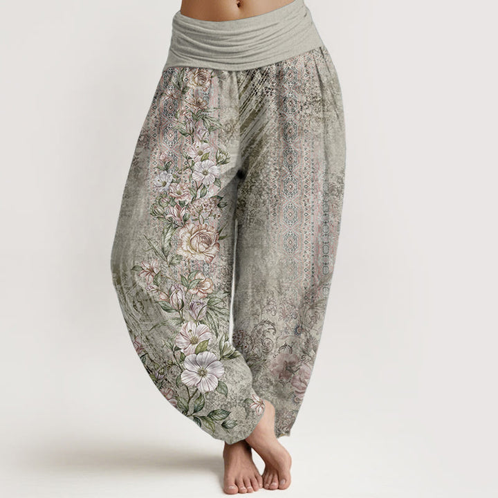 Pantalones Buddha Stones de algodón puro con estampado floral étnico y tótem étnico para mujer, cintura elástica
