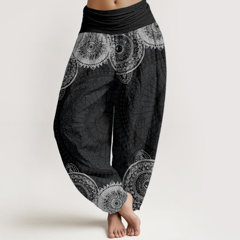 Pantalones harén de Buddha Stones puro con diseño de mandala circular y cintura elástica para mujer - Negro - US22，UK/AU26，EU54 (6XL) - image 0