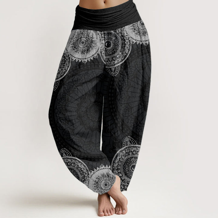 Pantalones harén de Buddha Stones puro con diseño de mandala circular y cintura elástica para mujer