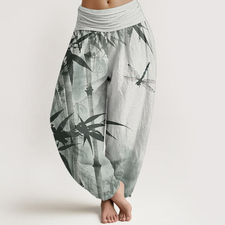 Pantalones Buddha Stones de algodón puro con estampado de libélula y hojas de bambú para mujer, con cintura elástica - Verde claro - US22，UK/AU26，EU54 (6XL) - image 0