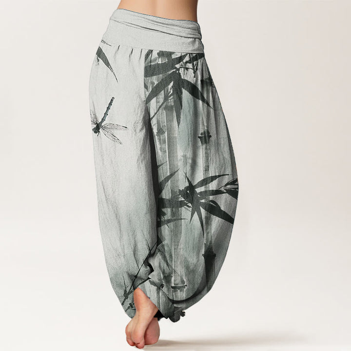 Pantalones Buddha Stones de algodón puro con estampado de libélula y hojas de bambú para mujer, con cintura elástica