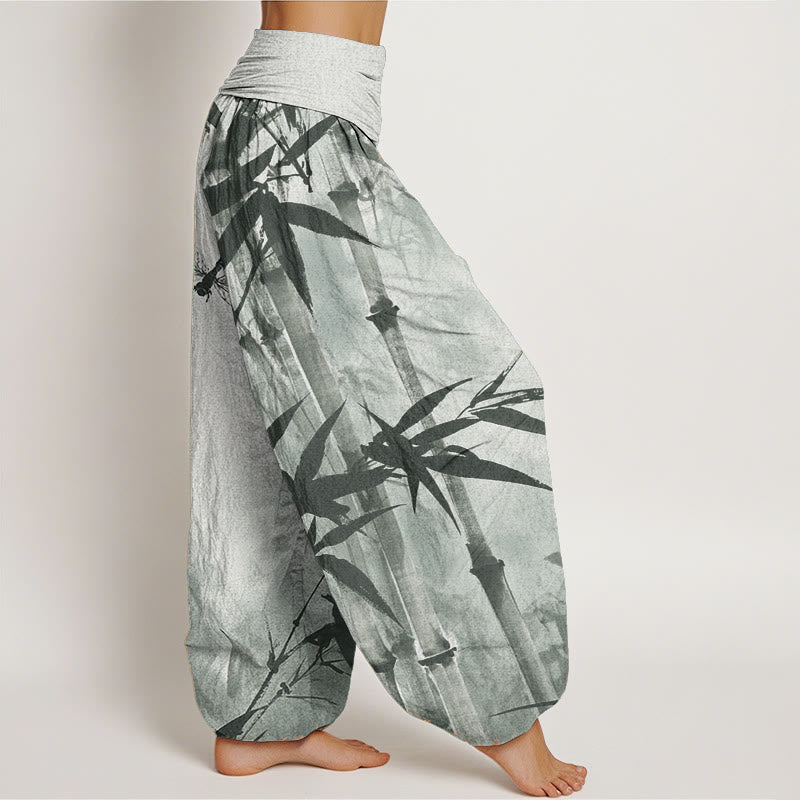 Pantalones Buddha Stones de algodón puro con estampado de libélula y hojas de bambú para mujer, con cintura elástica