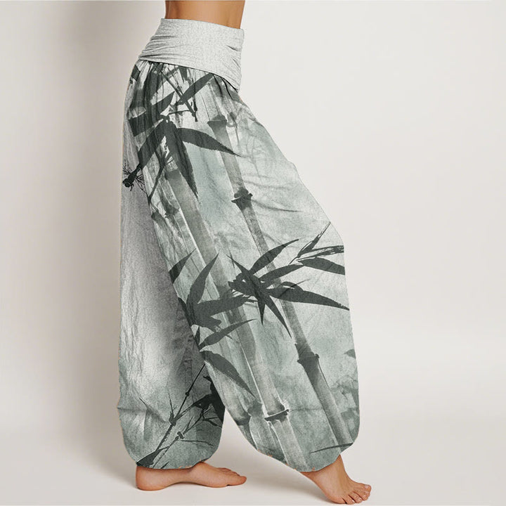 Pantalones Buddha Stones de algodón puro con estampado de libélula y hojas de bambú para mujer, con cintura elástica