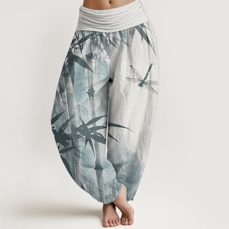 Pantalones Buddha Stones de algodón puro con estampado de libélula y hojas de bambú para mujer, con cintura elástica