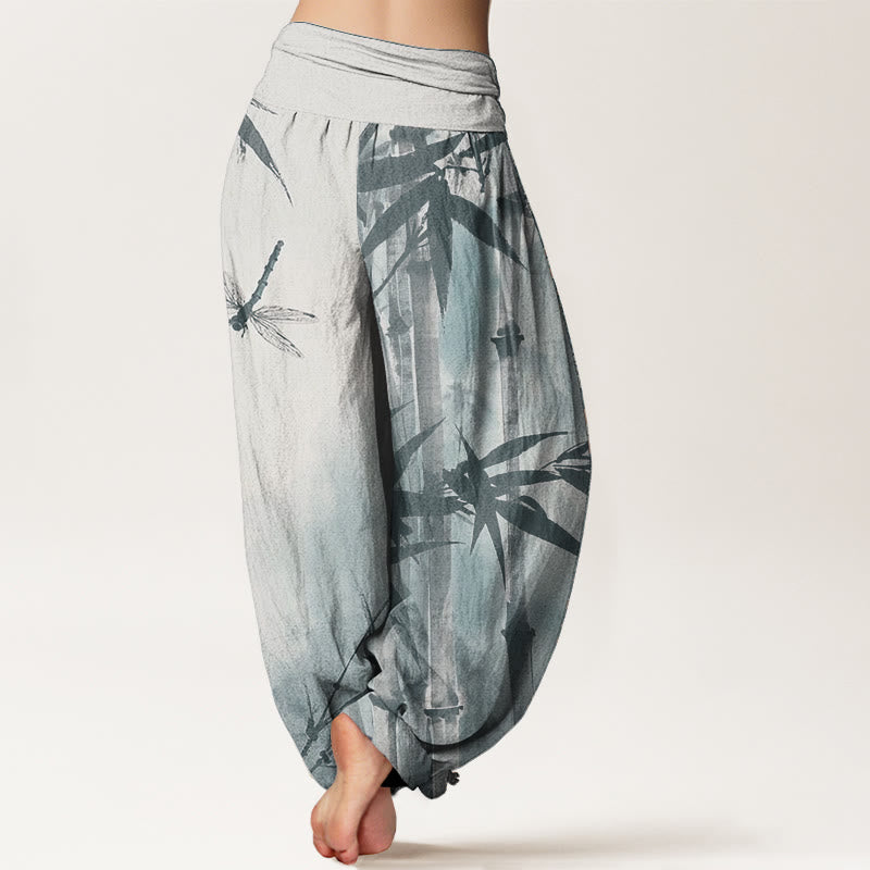 Pantalones Buddha Stones de algodón puro con estampado de libélula y hojas de bambú para mujer, con cintura elástica