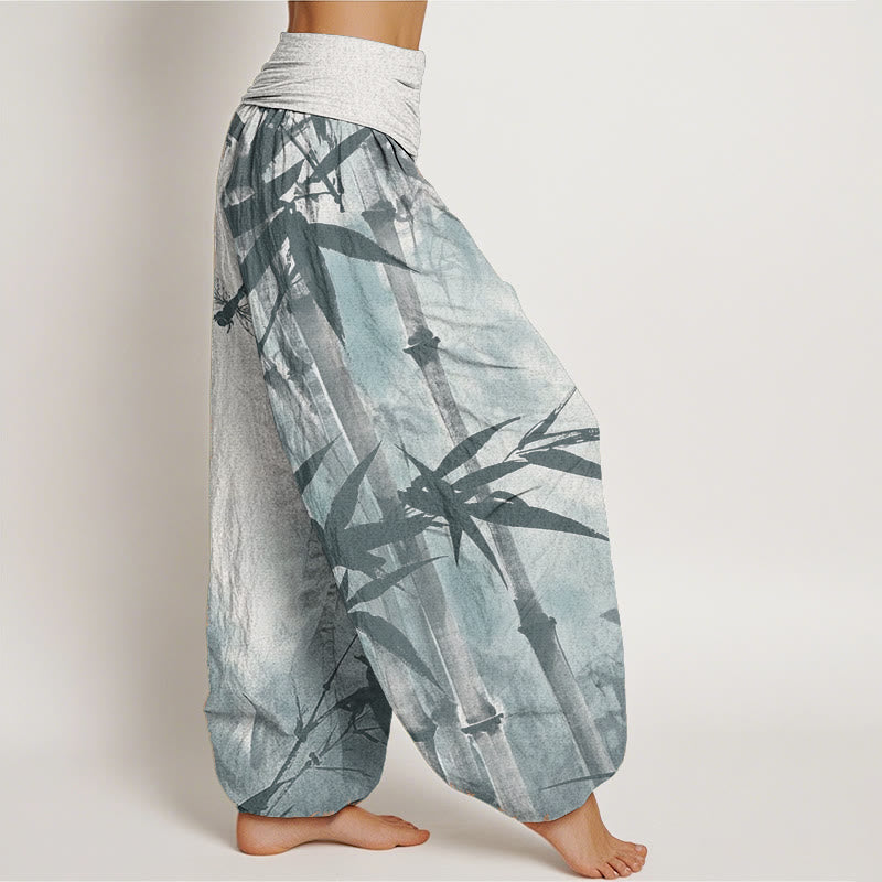 Pantalones Buddha Stones de algodón puro con estampado de libélula y hojas de bambú para mujer, con cintura elástica