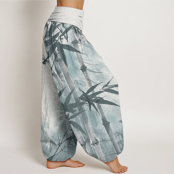 Pantalones Buddha Stones de algodón puro con estampado de libélula y hojas de bambú para mujer, con cintura elástica