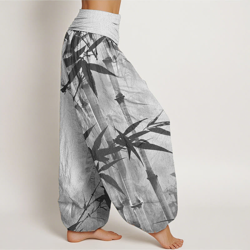 Pantalones Buddha Stones de algodón puro con estampado de libélula y hojas de bambú para mujer, con cintura elástica
