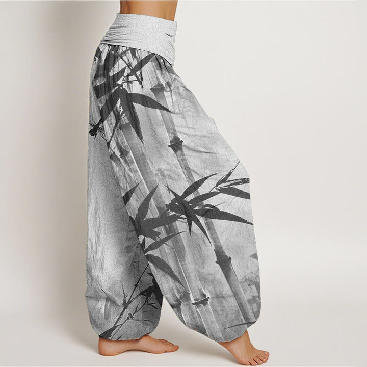 Pantalones Buddha Stones de algodón puro con estampado de libélula y hojas de bambú para mujer, con cintura elástica