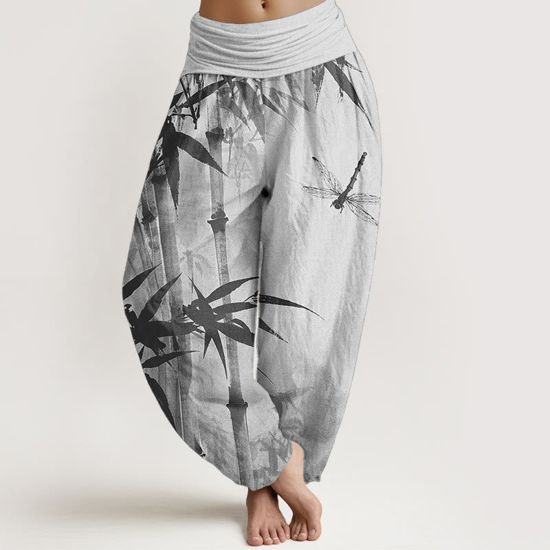 Pantalones Buddha Stones de algodón puro con estampado de libélula y hojas de bambú para mujer, con cintura elástica - Plata - US22，UK/AU26，EU54 (6XL) - image 6