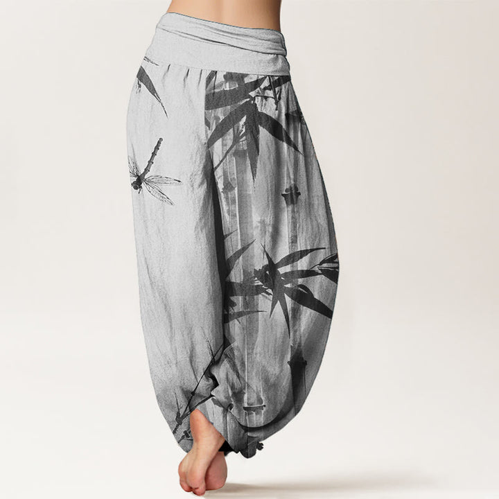 Pantalones Buddha Stones de algodón puro con estampado de libélula y hojas de bambú para mujer, con cintura elástica