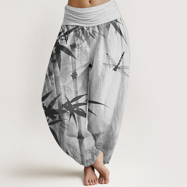 Pantalones Buddha Stones de algodón puro con estampado de libélula y hojas de bambú para mujer, con cintura elástica