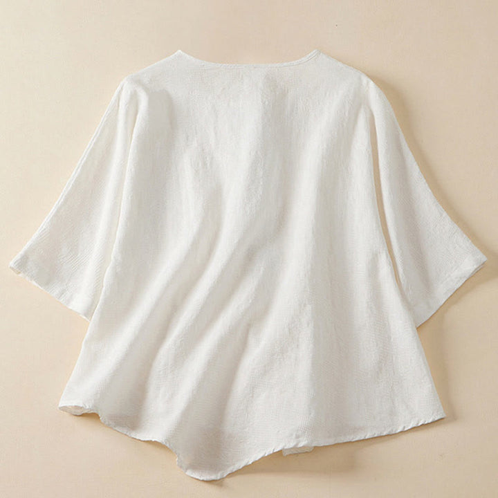 Camisa de mujer informal con estampado de Buddha Stones , flores coloridas y botones de rana, manga corta. - image 15