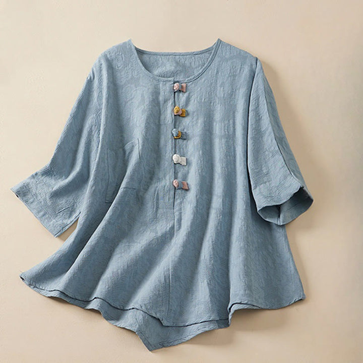 Camisa de mujer informal con estampado de Buddha Stones , flores coloridas y botones de rana, manga corta. - Azul cielo claro - US8-10，UK/AU12-14，EU40-42 (2XL) - image 0