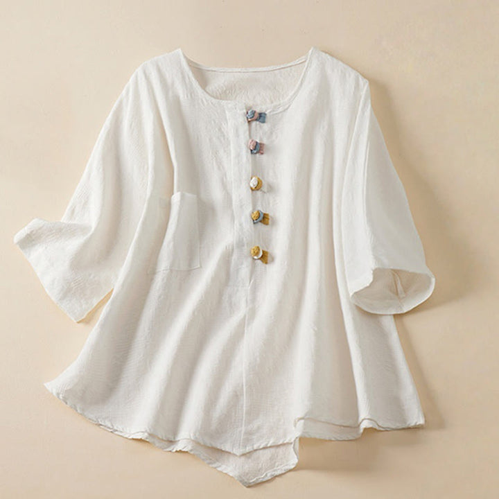 Camisa de mujer informal con estampado de Buddha Stones , flores coloridas y botones de rana, manga corta. - Blanco - US8-10，UK/AU12-14，EU40-42 (2XL) - image 14