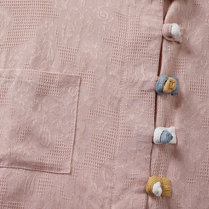 Camisa de mujer informal con estampado de Buddha Stones , flores coloridas y botones de rana, manga corta. - image 8