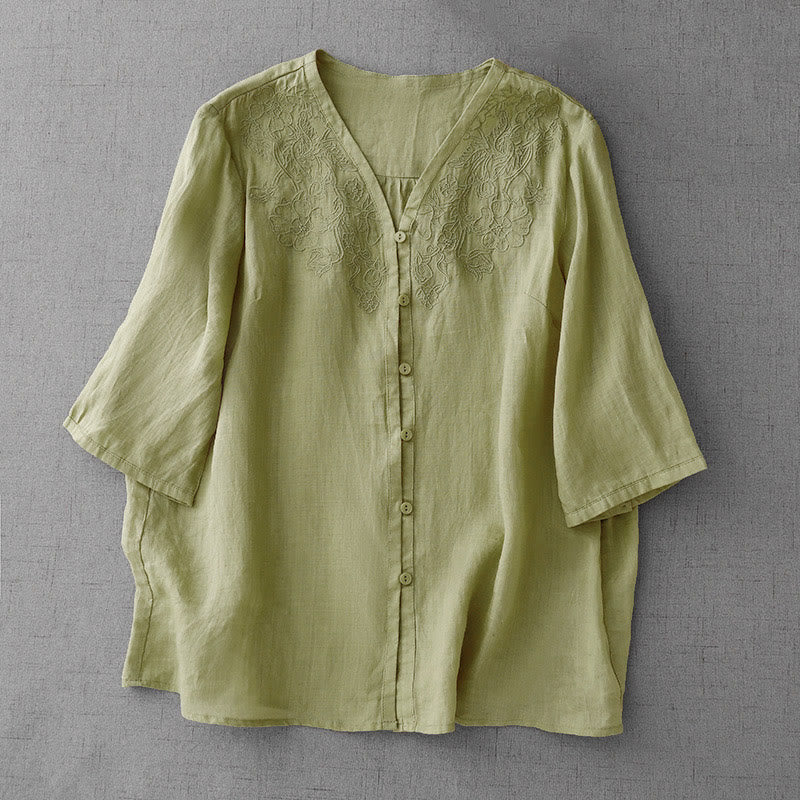 Cárdigan de algodón de media manga para mujer con diseño de botones delanteros bordados en colores puros y Buddha Stones - Verde claro - US12, UK/AU16, EU44 (2XL) - image 16