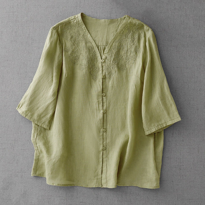 Cárdigan de algodón de media manga para mujer con diseño de botones delanteros bordados en colores puros y Buddha Stones - Verde claro - US12, UK/AU16, EU44 (2XL) - image 16