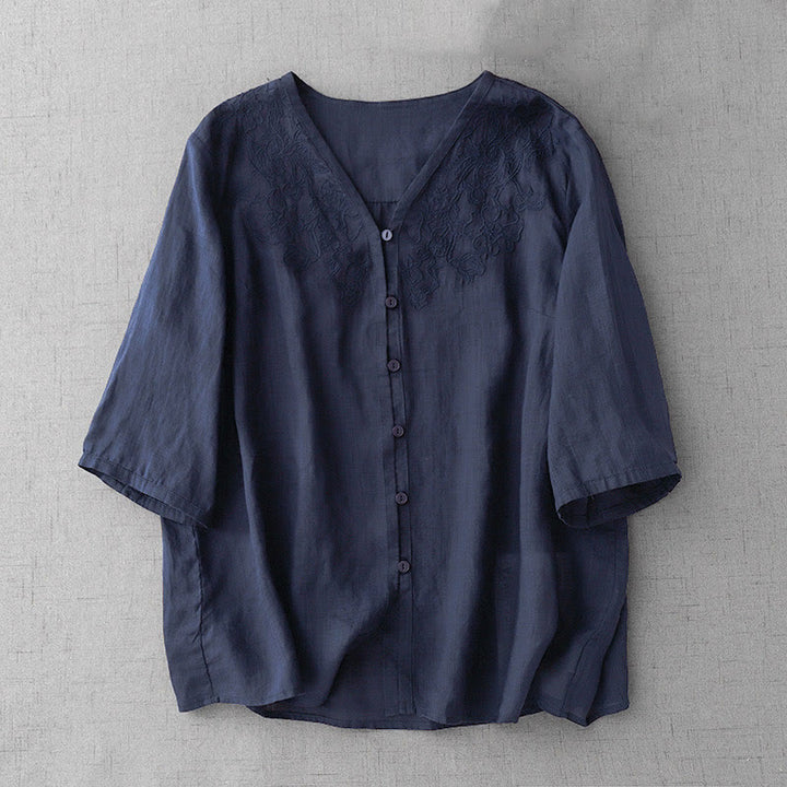 Cárdigan de algodón de media manga para mujer con diseño de botones delanteros bordados en colores puros y Buddha Stones - Azul medianoche - US12, UK/AU16, EU44 (2XL) - image 22