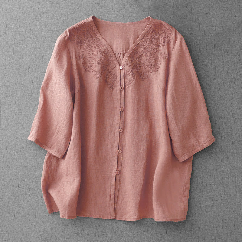 Cárdigan de algodón de media manga para mujer con diseño de botones delanteros bordados en colores puros y Buddha Stones - Coral claro - US12, UK/AU16, EU44 (2XL) - image 0