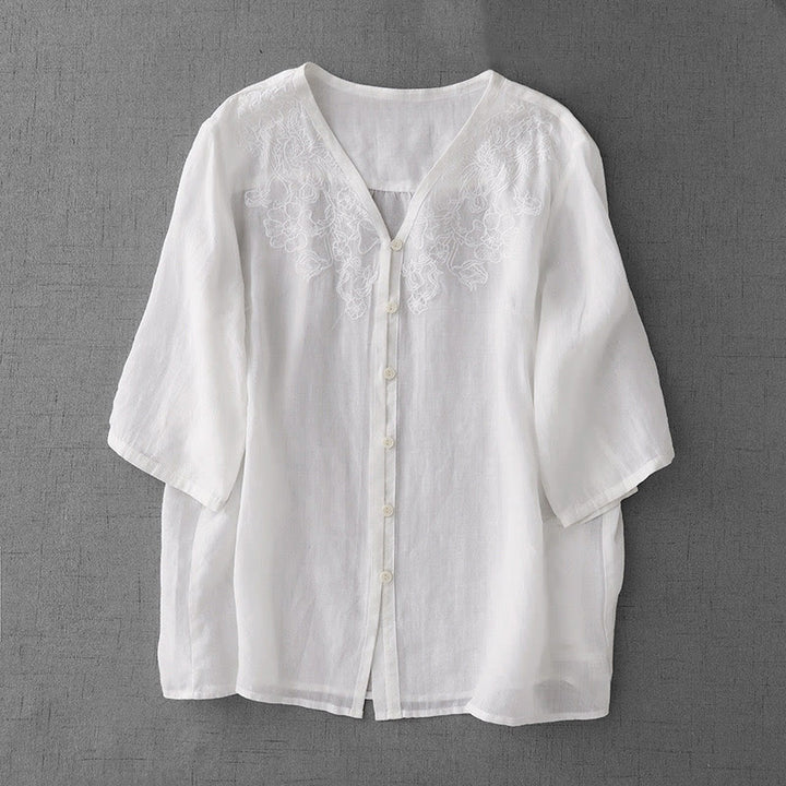 Cárdigan de algodón de media manga para mujer con diseño de botones delanteros bordados en colores puros y Buddha Stones - Blanco - US12, UK/AU16, EU44 (2XL) - image 11