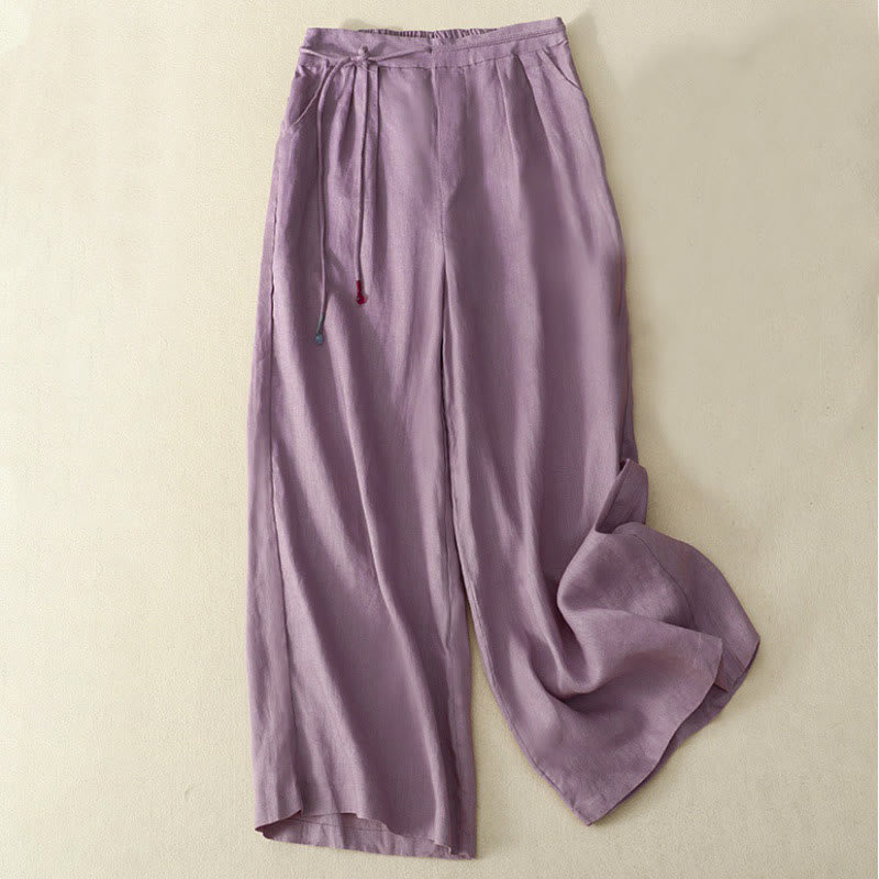 Pantalones de pierna ancha con bolsillos, informales, de Buddha Stones y lino, de primavera, con diseño de cordón, de color liso, para mujer, de largo 7-8 - Orquídea mediana - US8-10，UK/AU12-14，EU40-42 (2XL) - image 0