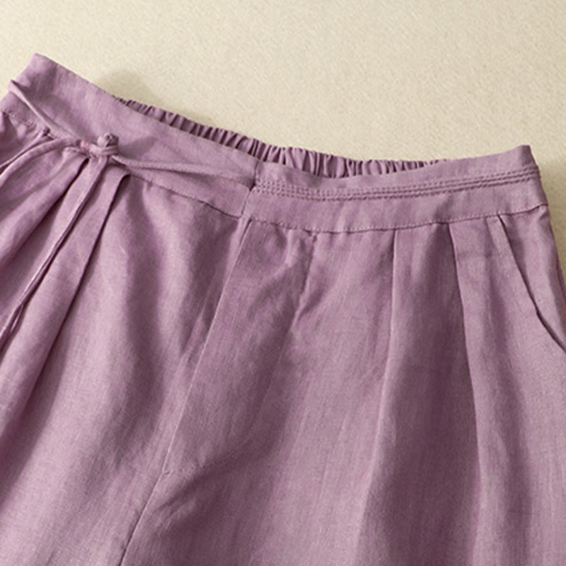 Pantalones de pierna ancha con bolsillos, informales, de Buddha Stones y lino, de primavera, con diseño de cordón, de color liso, para mujer, de largo 7-8 - image 1