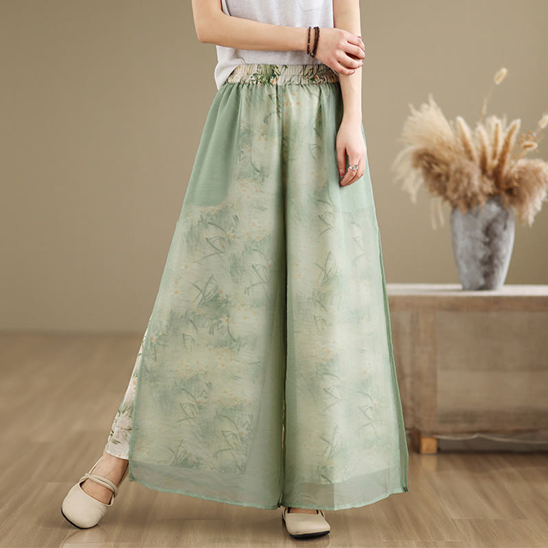 Pantalones anchos de algodón para mujer con bolsillos y estampado vintage de plantas y Buddha Stones de primavera, de doble capa - image 1