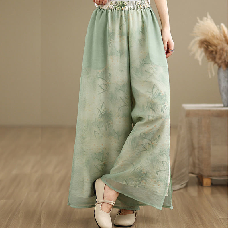 Pantalones anchos de algodón para mujer con bolsillos y estampado vintage de plantas y Buddha Stones de primavera, de doble capa - image 3