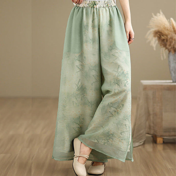 Pantalones anchos de algodón para mujer con bolsillos y estampado vintage de plantas y Buddha Stones de primavera, de doble capa - image 3
