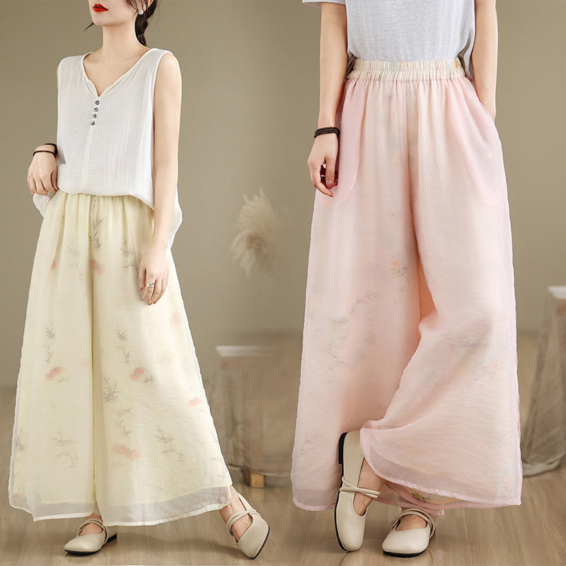 Pantalones anchos de algodón para mujer con bolsillos y estampado vintage de plantas y Buddha Stones de primavera, de doble capa - image 27