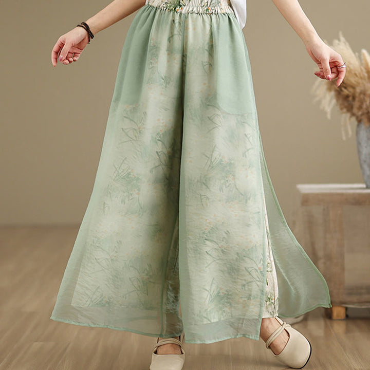 Pantalones anchos de algodón para mujer con bolsillos y estampado vintage de plantas y Buddha Stones de primavera, de doble capa - Verde mar medio - US8-10，UK/AU12-14，EU40-42 (2XL) - image 0