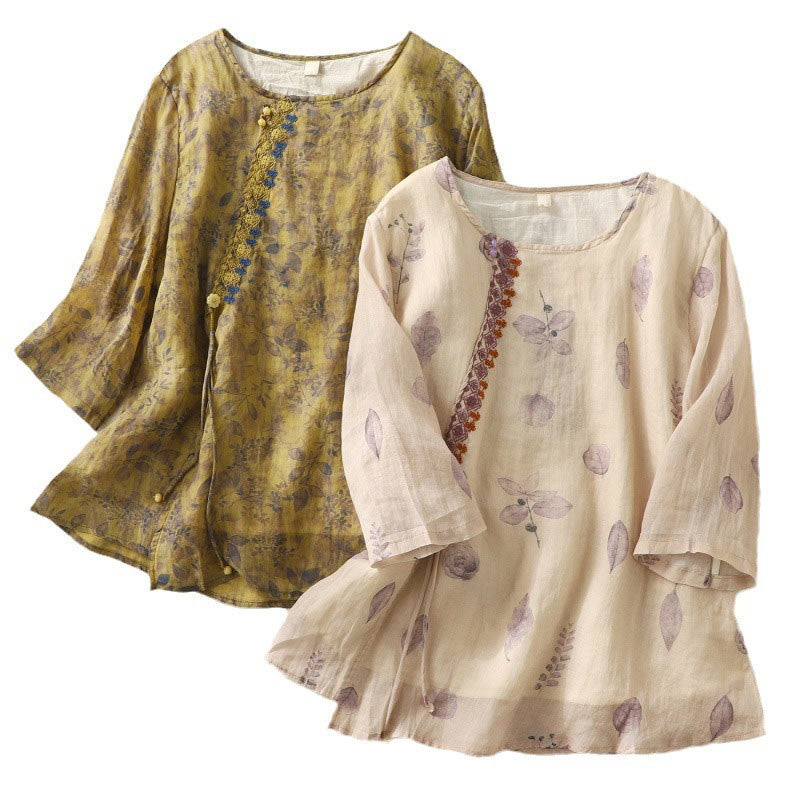 Camisa de lino y algodón para mujer, manga tres cuartos, con diseño bordado de Buddha Stones - image 20