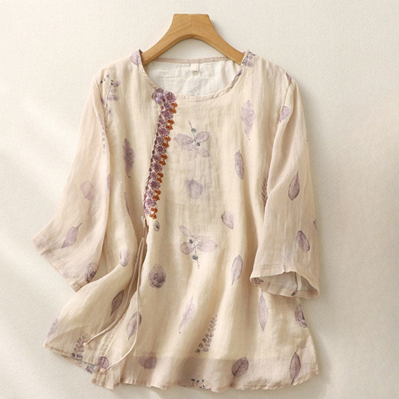 Camisa de lino y algodón para mujer, manga tres cuartos, con diseño bordado de Buddha Stones - Encaje antiguo - US12, UK/AU16, EU44 (2XL) - image 0