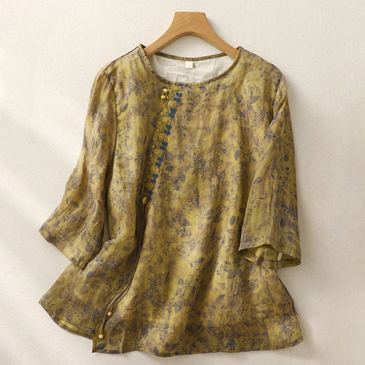 Camisa de lino y algodón para mujer, manga tres cuartos, con diseño bordado de Buddha Stones - Vara de oro oscura - US12, UK/AU16, EU44 (2XL) - image 13