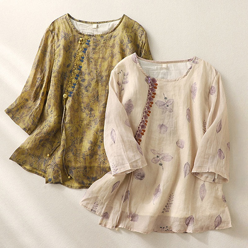 Camisa de lino y algodón para mujer, manga tres cuartos, con diseño bordado de Buddha Stones - image 19
