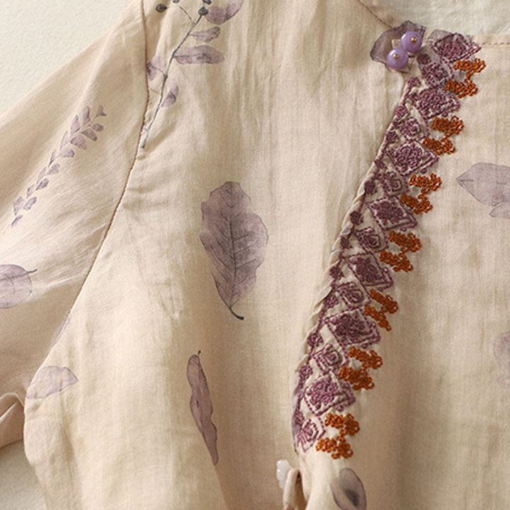 Camisa de lino y algodón para mujer, manga tres cuartos, con diseño bordado de Buddha Stones - image 7