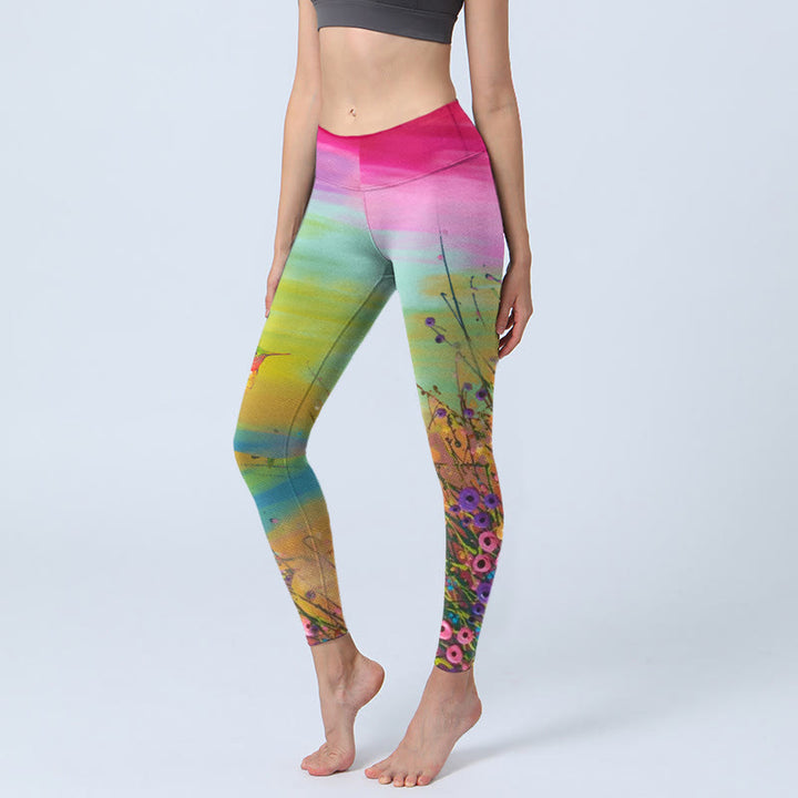 Leggings de yoga para mujer con estampado de flores y pájaros en flor y Buddha Stones - Verde amarillento - US18，UK/AU22，EU50 (4XL) - image 0