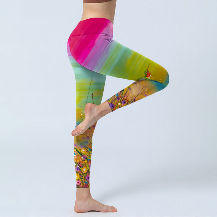 Leggings de yoga para mujer con estampado de flores y pájaros en flor y Buddha Stones - image 4