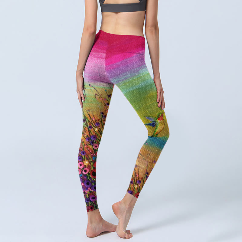 Leggings de yoga para mujer con estampado de flores y pájaros en flor y Buddha Stones - image 4
