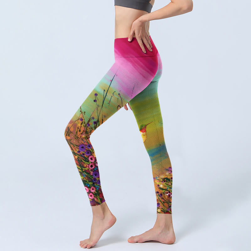 Leggings de yoga para mujer con estampado de flores y pájaros en flor y Buddha Stones - image 2
