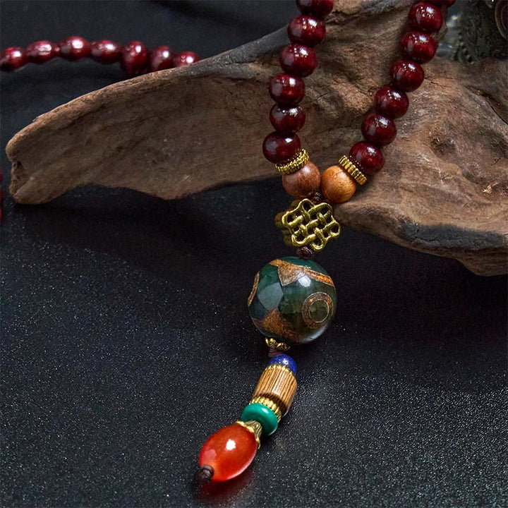 Collar con colgante de cabeza de elefante con cuentas Dzi de madera de wengué tibetana hechas a mano con Buddha Stones